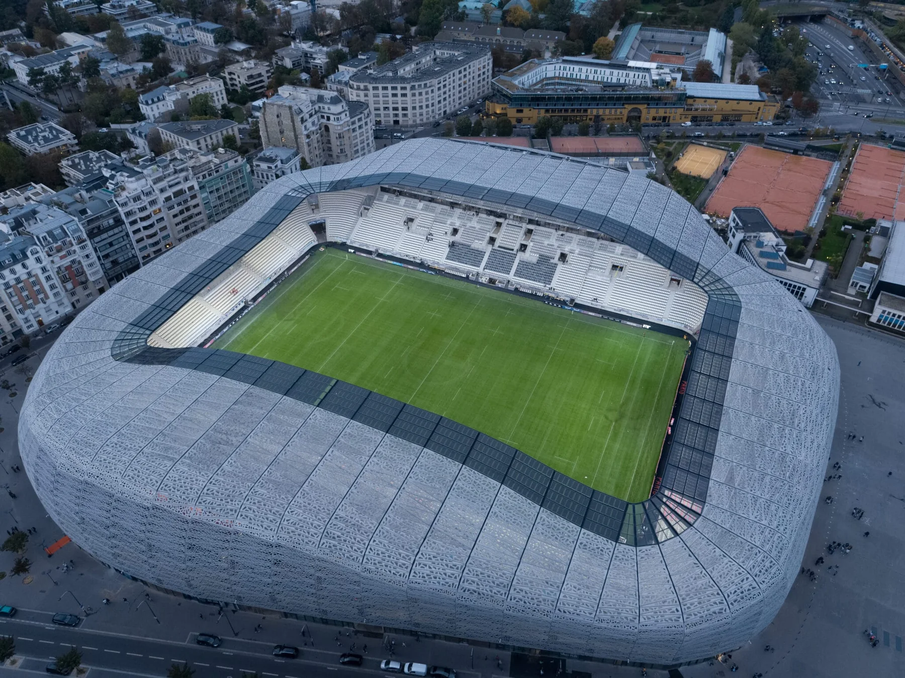 Aerial photograph of Stade Jean Bouin showing its roof, stands and pitch