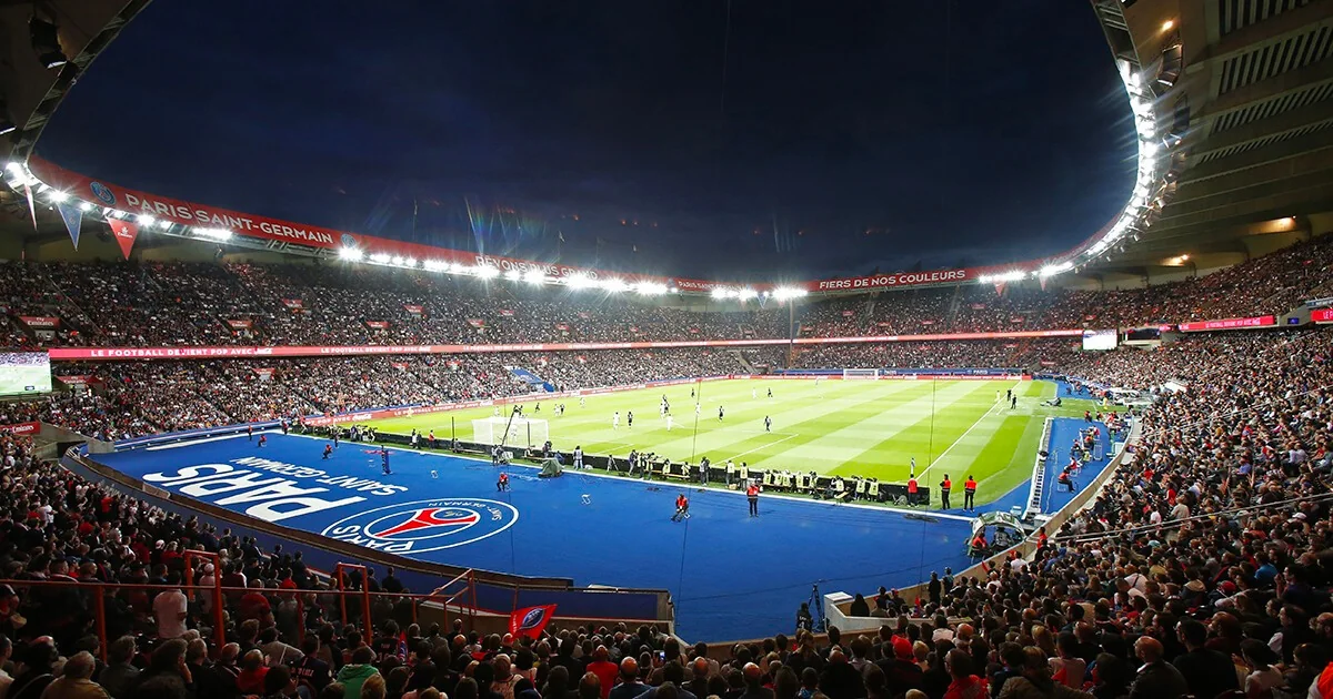 A Paris Saint-Germain home match at the Parc des Princes under floodlights