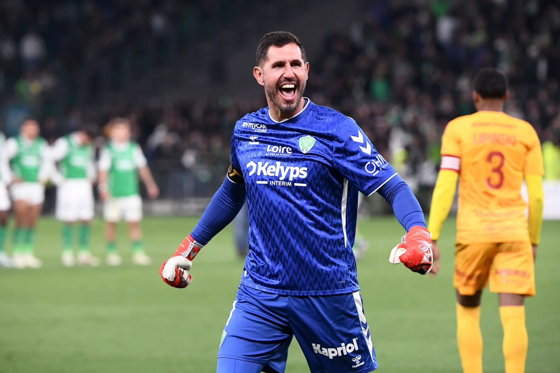 Saint-Etienne goalkeeper celebrates during the 2026 play-offs