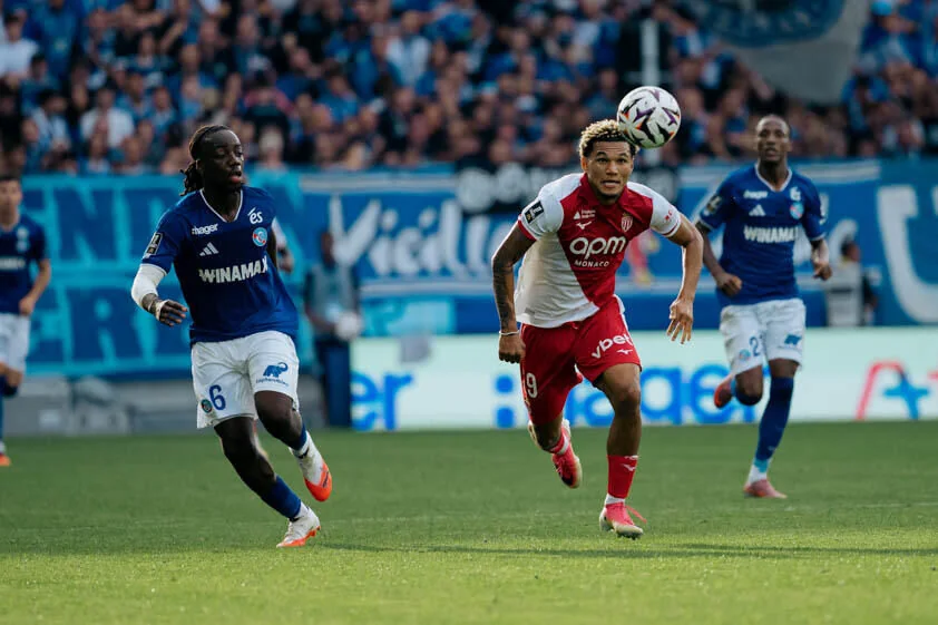 Paris Brunner of Monaco chases the ball during the September 2026 match at Strasbourg